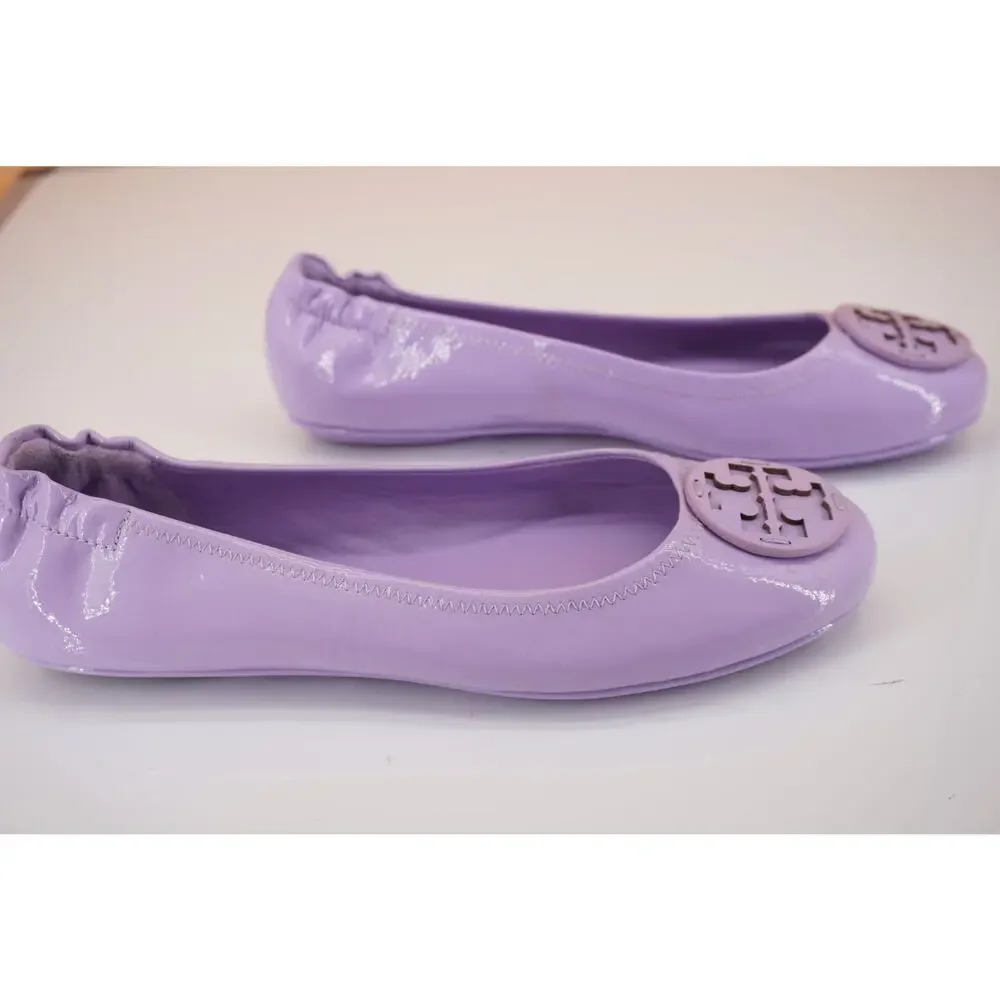 Tory Burch Minnie Purple Patent Leather Travel Ballet Flats SZ 7 Reva Logo $225